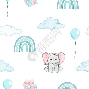 水彩蓝色彩虹和云中大象在白色背景上的无缝图案 用于婴儿纺织品 织物 幼儿园壁纸 包装 封面 海报图片