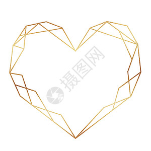 白色背景上孤立的金色几何心脏形状框架 婚礼请柬和卡片的精密边界 情人节装饰图片