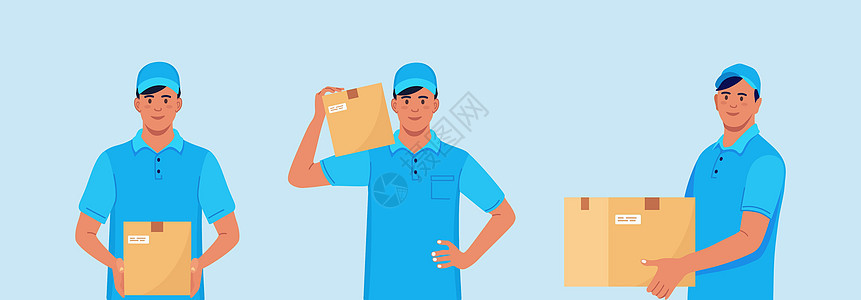 一组带纸盒的送货员手拿包装箱工人商业邮政插图食物仓库邮资送货邮差邮递员图片