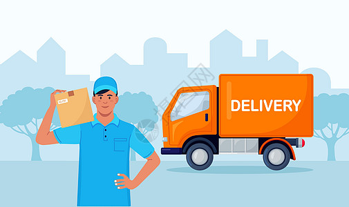 送货员 快递员 随身携带卡车的包裹和背景背景食物邮政货车送货产品命令外卖运输货物男人图片