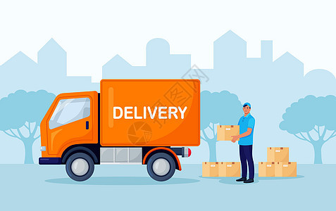 装有包裹箱的仓库工人 货运和航运服务公司 装卸商从卡车上卸货图片
