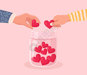 志愿者手拿着心形符号 把心放在玻璃罐里 给予并分享你的爱 希望 支持给人们 慈善 捐赠和慷慨的社会团体图片