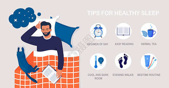 健康良好睡眠的有用提示和规则 安宁梦的睡前常规 晚上放松 摆脱失眠 失眠的建议清单 男人睡在床上 枕头上有书和猫图片