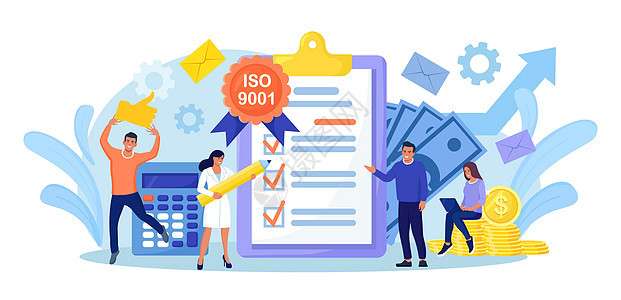 ISO 9001质量管理体系和国际认证 小商务人士们通过了标准质量控制 文件标准化行业背景图片