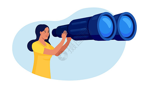 女人通过大双筒望远镜遥望前方 寻找着什么 女孩正在密切注视着某人 小姐带着野外眼镜旅行成就导航双目预测间谍望远镜勘探人士创新职业图片