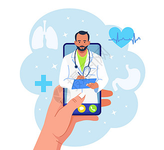 在线咨询医生 虚拟医学 电话屏幕上有医生在 Messenger 中聊天 使用智能手机与治疗师进行视频通话治疗访问诊断保健诊所互联图片