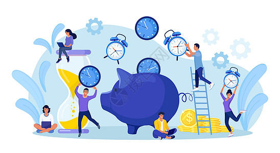 人们把时钟放入存钱罐 时间管理计划 截止日期 节省时间的技巧 技巧和技巧 用于计划 安排 工作组织和业务管理 时间就是金钱图片
