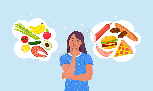 女人在健康和不健康的食物之间做出选择 快餐和平衡菜单比较 节食 好的和坏的营养之间的选择损失数字女孩诱惑垃圾女性卡通片思考餐厅插图片
