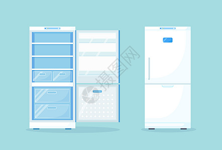 为不同健康食品开放空冰箱和封闭式冰箱 厨房的壁炉 冷冻柜图片