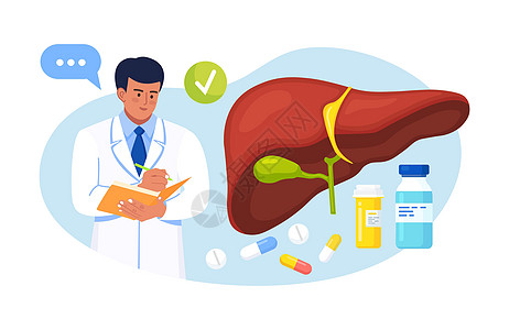 医生检查人类肝脏是否存在肝炎 癌症 肝硬化 医生写肝脏检查结果 内脏医学实验室研究 诊断和治疗图片