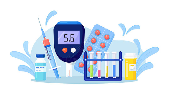 用于测量血液中糖分的血糖仪 葡萄糖测试仪 胰岛素注射器 试管 药品 2 型糖尿病的治疗 监测和诊断图片