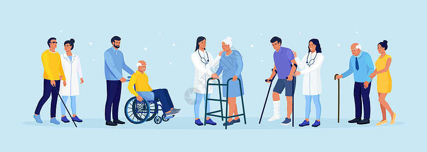 坐在轮椅上的残疾人 女人正在走路 靠在矫形助行器上 盲人病人拄着拐杖走路 腿断了的家伙拄着拐杖 残疾人 复原保健伤害椅子女士医生图片
