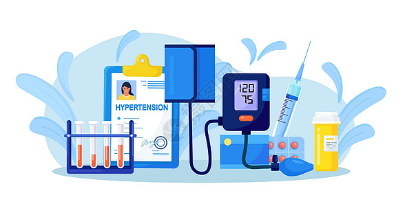 医用眼压计 带显示器的数字血压计 心脏病 高血压 糖尿病 测量血压 试管 药物 注射器和病人医疗卡的设备图片