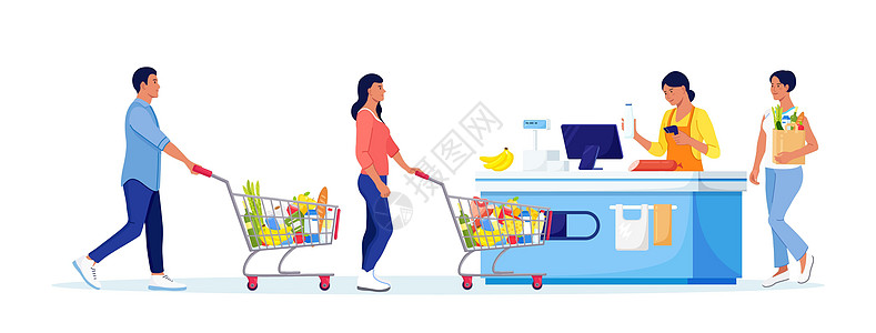 顾客在杂货超市排队 有购物车的商品 妇女把买家放在收银台上付帐 在商店里要Quue食物篮子销售出纳员工人交易客户服务工作店铺图片