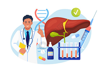 医生检查人类肝脏是否存在肝炎 癌症 肝硬化 医生在实验室血样和药丸附近 内脏的医学实验室研究 诊断和治疗图片