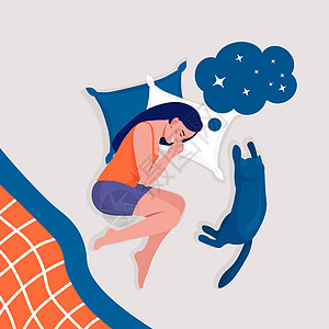 晚上和猫一起睡觉的女人 女孩睡在羽绒被下的枕头上 和平的梦想和放松 休息时间和舒适的放松 好梦 身体健康就寝控制插图卧室睡眠羽绒图片