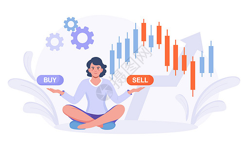 有买入 卖出按钮的女商务人士 技术分析烛台图 全球股票市场指数 贸易交易所 外汇交易策略 财务增长 数据分析 投资股票的人图片