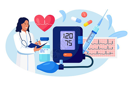 高血压 低血压病 心脏病检查的医生写作结果 有心电图 药物 注射器 心脏的大血压计 测量患者高血压的心脏病专家中风控制疾病医院心图片