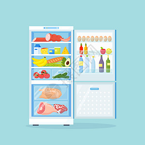 开口冰箱 有不同的健康食品 厨房的冰箱 架子上有肉的冷冻柜图片