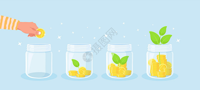 省钱的概念 手把硬币放在罐子里以节省开支 从金钱中生长的绿色植物 收入增长 财务储蓄增加 投资背景图片