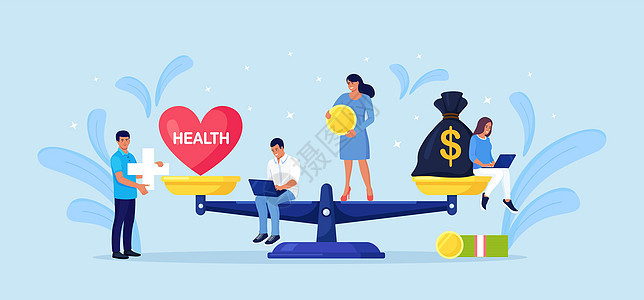 金钱和健康平衡 医疗保健 规模上的财富收入 一堆现金与规模上的红心 生活方式和工作的不平衡 小人物比较商业压力和健康生活图片