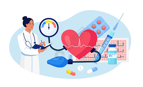 高血压 低血压病 心脏病检查的医生写作结果 与血压计 心电图 注射器 药物的大心脏 测量患者高血压的心脏病专家图片