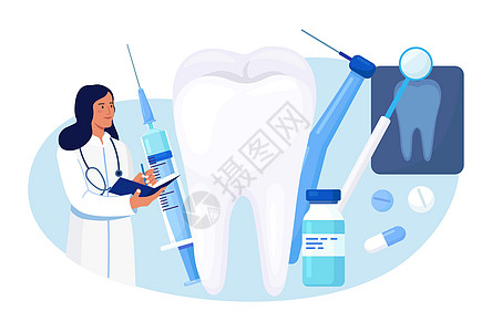 口腔医学 牙科概念 大牙和专业的检查和治疗仪器 牙科预约 医生用龋齿治疗不健康的大牙齿 牙疼钻孔病人矫正工具乐器口腔科女士空腔诊图片