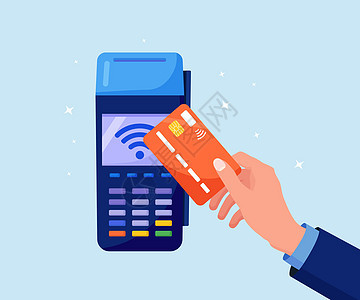 人手持有信用卡或借记卡 靠近POS终端支付 NFC技术交易的金额是1 000万美元图片
