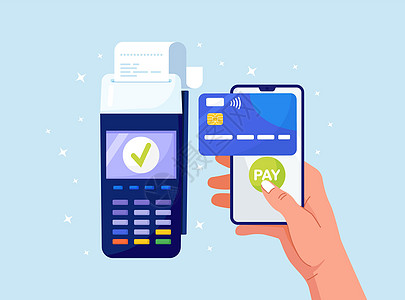 使用智能手机进行非接触式支付的 POS 终端 屏幕上有信用卡的付款机和手机 NFC 支付交易成功 网上银行 网上汇款服务图片