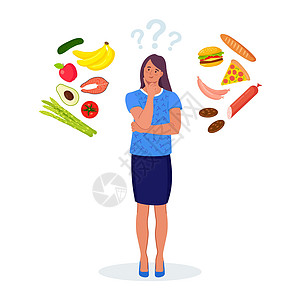 女人在健康和不健康的食物之间做出选择 快餐和平衡菜单比较 节食 好的和坏的营养之间的选择诱惑女性女士重量蔬菜饮食数字垃圾卡通片小图片
