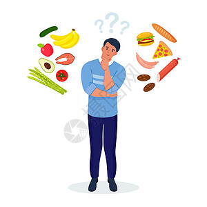 男人在健康和不健康的食物之间做出选择 快餐和平衡菜单比较 节食 好的和坏的营养之间的选择餐厅重量饮食蔬菜插图诱惑水果数字小吃损失图片