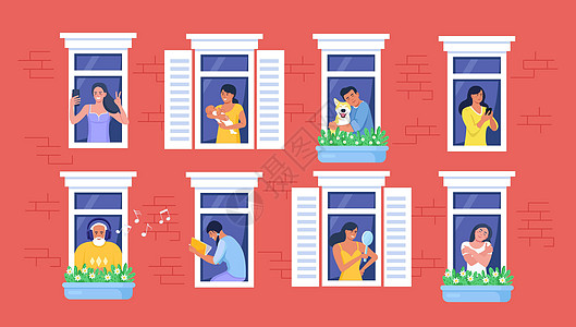房子的外墙与邻居和狗在窗户上 快乐的男人和女人从公寓里看书 拍照 打电话聊天 拥抱 听音乐 呆在家里 日常活动女士宠物社区家庭住图片