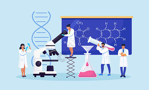 人们在科学实验室工作 使用实验室科学设备 显微镜的小科学家研究员 实验室工作人员对疫苗进行实验 研究 分析和测试图片