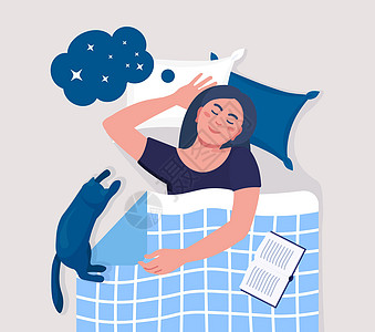晚上睡觉的女人带着书和猫 女孩睡在羽绒被下的枕头上 和平的梦想和放松 休息时间和舒适的放松 好梦 身体健康宠物睡眠房间阅读母亲就图片