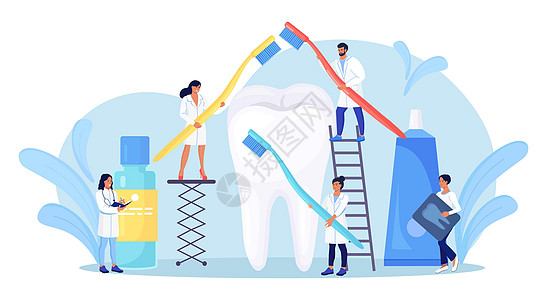 口腔医学 牙科 小牙医站在大牙周围清洁 用龋齿治疗不健康的牙齿 医生刷牙 清洁牙菌斑 牙科检查 牙科预约图片