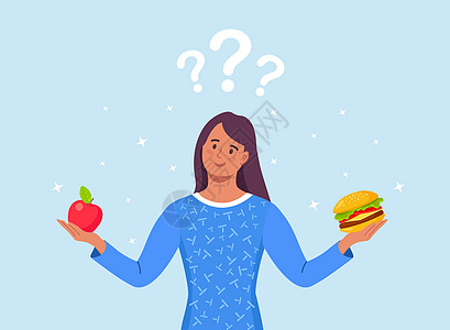 女人在健康和不健康的食物之间做出选择 快餐和平衡菜单比较 节食 好的和坏的营养之间的选择女士小吃饮食蔬菜垃圾水果插图损失女性挑战图片