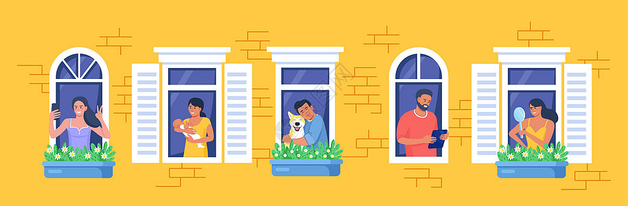 房子的外墙与邻居和狗在窗户上 快乐的男人和女人从公寓里看书 拍照 打电话聊天 拥抱 抱着孩子 呆在家里 日常活动停留邻里社区朋友图片