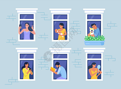房子的外墙与邻居和狗在窗户上 快乐的男人和女人从公寓里看书 拍照 打电话聊天 拥抱 抱着孩子 呆在家里 日常活动住宅音乐朋友们社图片