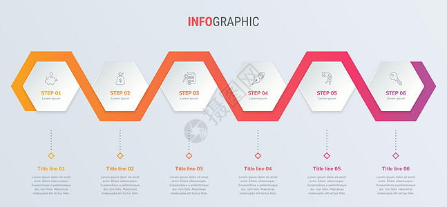 6个步骤的简易商业蜂窝成像模板 光背景上的彩色图表 时间表和日程表被隔开以及数字空白日程流动脚步箭头工作项目推介会收藏图片