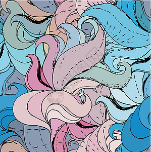 矢量颜色抽象的手绘模式 带有波浪和云彩头发织物粉色纺织品风格荒野窗饰海洋网络装饰品图片