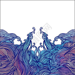 矢量颜色抽象的手绘毛发图案框架 带有波浪和云彩边界插图艺术海洋织物墙纸蓝色涂鸦漩涡装饰品图片