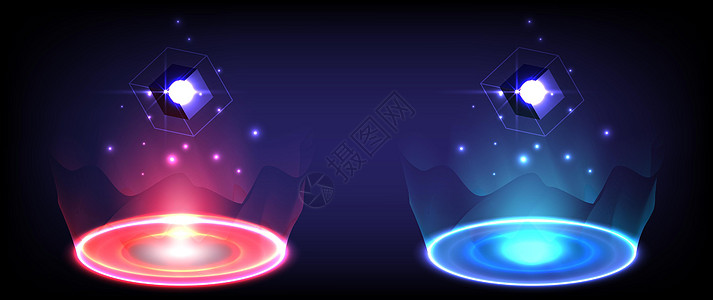发光的 HUD 中的科幻数字高科技收藏 科学未来派的全息图门户 奇幻游戏中的魔法传送门 抽象技术 圆形传送讲台 红色和蓝色霓虹灯图片