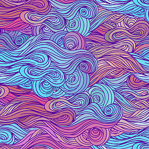 矢量颜色抽象的手绘毛发图案 有波浪和云彩紫色漩涡装饰风格涂鸦海浪蓝色插图线条织物图片