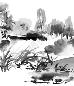 风景墨油画白色艺术品水彩绘画宝塔艺术废墟插图手绘黑色图片