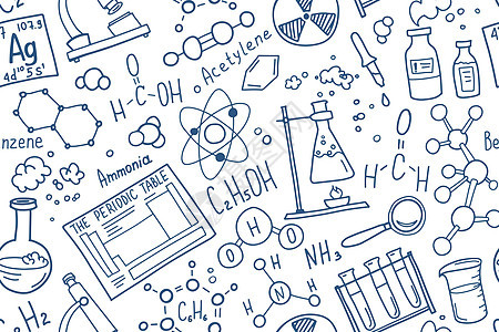化学符号图标集 科学主题涂鸦设计 教育和学习理念 回到学校笔记本的粗略背景 而不是垫子 速写本手绘插图试管生物学记事本线条化学品背景图片