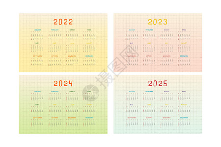 2022年2022年2023年2024年2025年日历 带有多色可爱幼稚设计季刊商业日记季节规划师日程记事簿年度水平网格图片