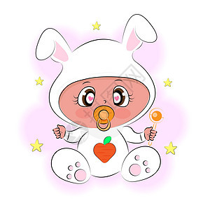可爱的婴儿 打扮成兔子的婴儿 滑稽的卡通人物 长着可爱的眼睛 拿着拨浪鼓图片
