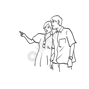 在空白空间插图上指向空格的年轻夫妇 用白色背景所隔离的矢量手画出的小情侣肖像图片