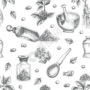 人参根 生命和花朵的无缝图案手绘 黑色隔离在白色背景上 复古平面设计植物素描 雕刻风格草图药品药店浆果植物学瓶子草本植物叶子酊剂图片