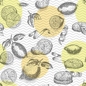 无缝图案手绘半 四分之一 切片和热情柠檬水果在几何颜色背景上的黑色颜色 复古复古图形设计植物素描食物勺子草本植物香橼草药绘画卡片图片